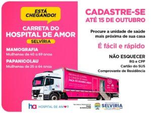 Selvíria: mulheres podem agendar exames de Papanicolau e mamografia na carreta do Hospital de Amor até dia 15